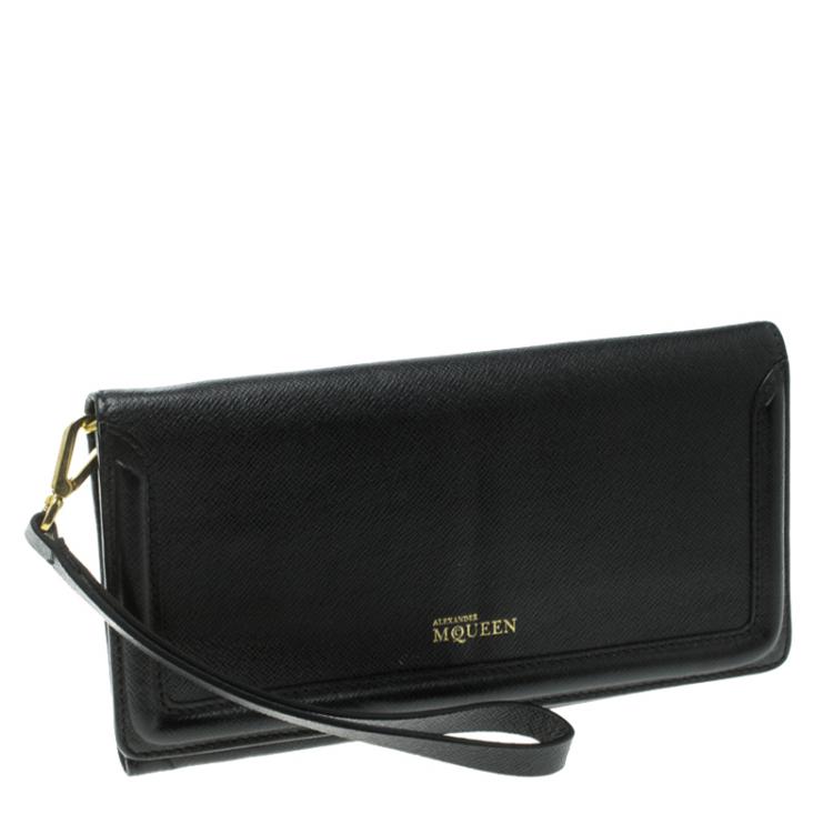 Pre Owned Alexander McQueen Black Leather Trifold Continental Wallet