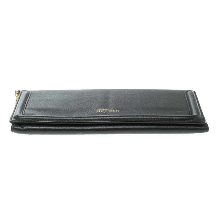 Pre Owned Alexander McQueen Black Leather Trifold Continental Wallet