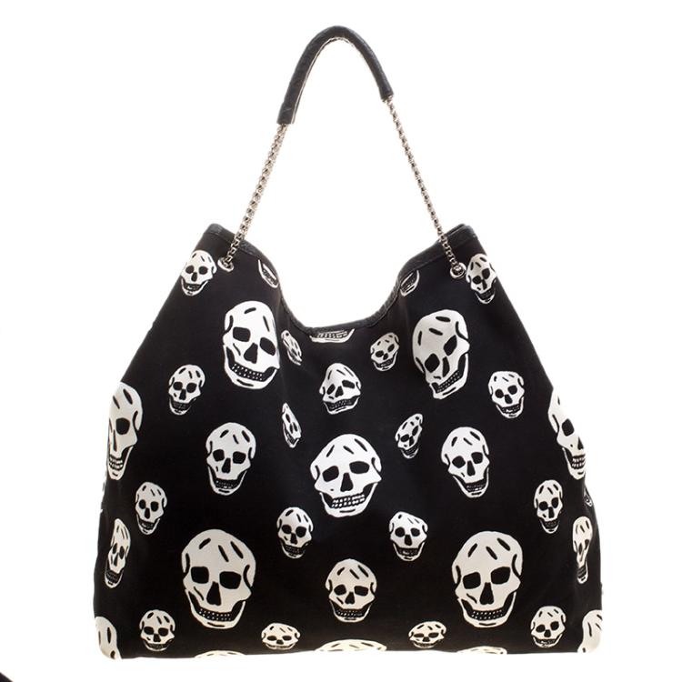 Pre Owned Alexander McQueen Black Skull Print Canvas Tote