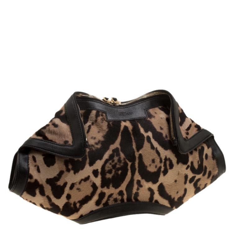 Pre Owned Alexander McQueen Leopard Print Calfhair Medium De Manta Clutch