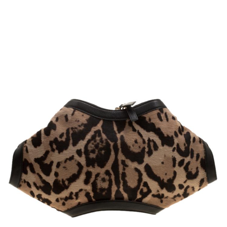 Pre Owned Alexander McQueen Leopard Print Calfhair Medium De Manta Clutch