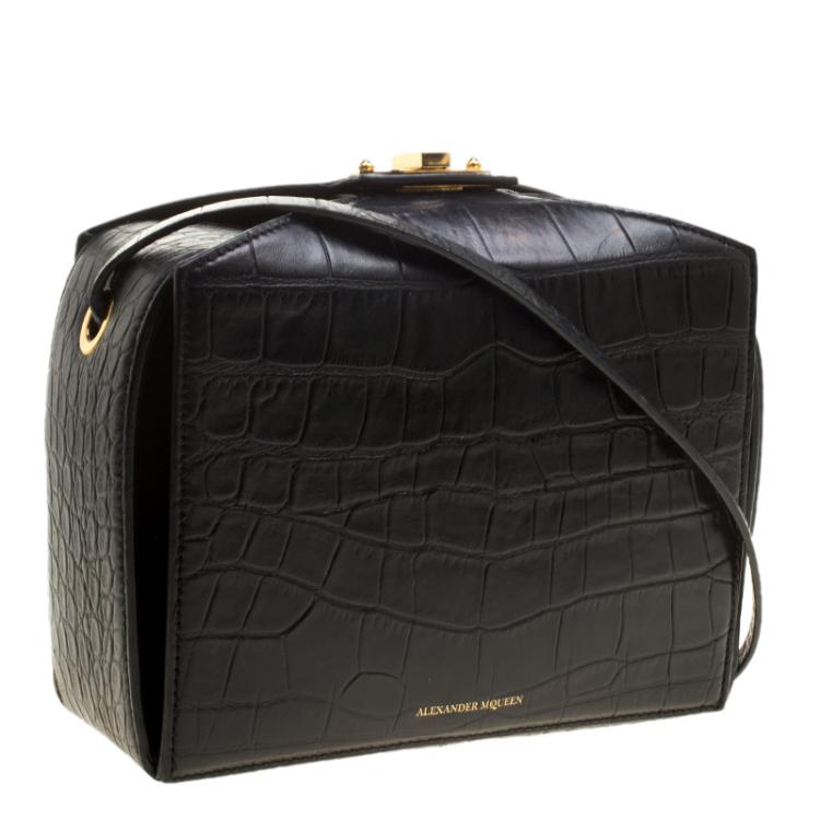 black croc embossed boxy cross body bag