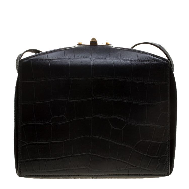 Pre Owned Alexander McQueen Black Croc Embossed Leather Box Shoulder Bag