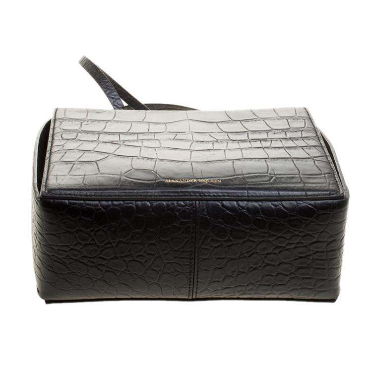 Pre Owned Alexander McQueen Black Croc Embossed Leather Box Shoulder Bag