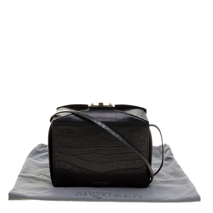 Pre Owned Alexander McQueen Black Croc Embossed Leather Box Shoulder Bag