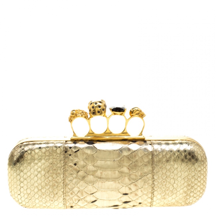 Pre Owned Alexander McQueen Gold Python Skull Knuckle Box Clutch