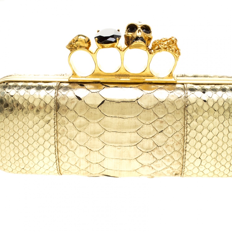 Pre Owned Alexander McQueen Gold Python Skull Knuckle Box Clutch