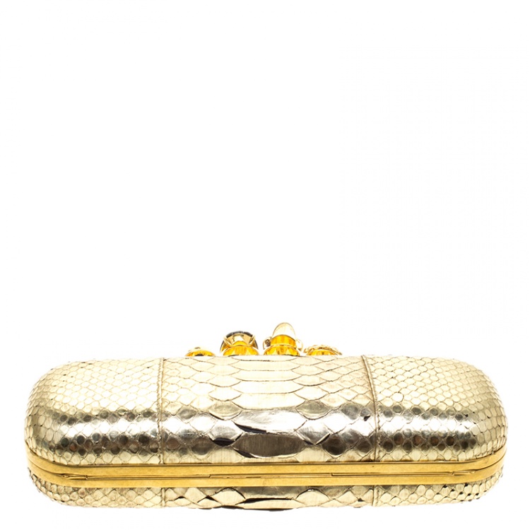 Pre Owned Alexander McQueen Gold Python Skull Knuckle Box Clutch