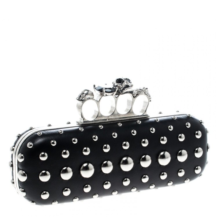 Pre Owned Alexander McQueen Black Leather Studded Skull Knuckle Box Clutch