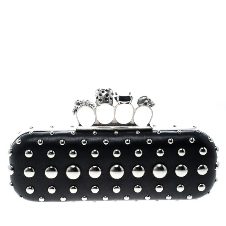 Pre Owned Alexander McQueen Black Leather Studded Skull Knuckle Box Clutch