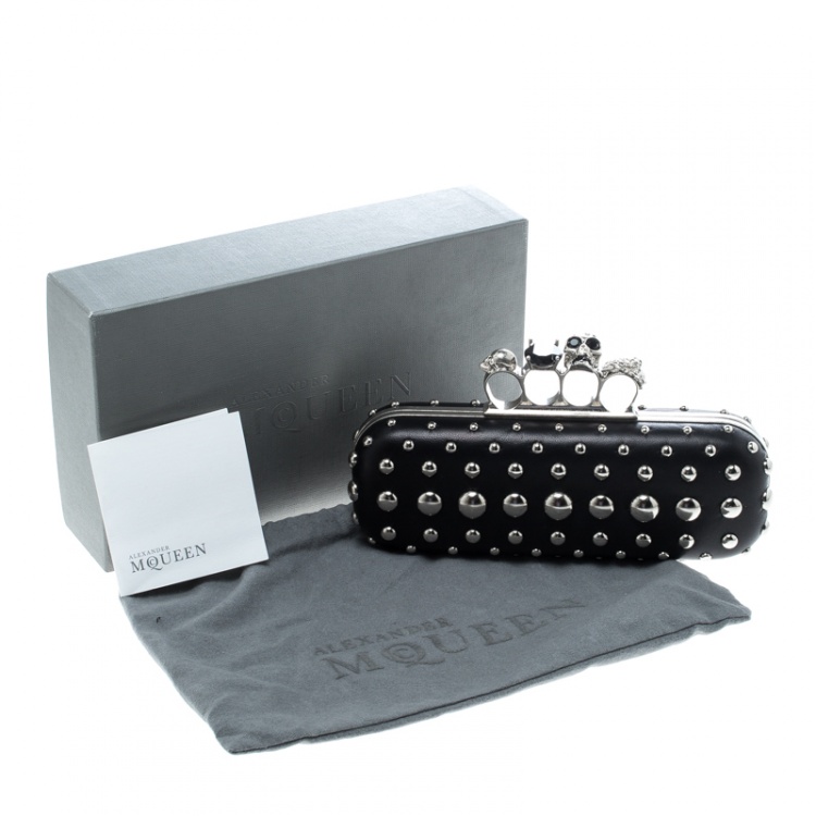 Pre Owned Alexander McQueen Black Leather Studded Skull Knuckle Box Clutch