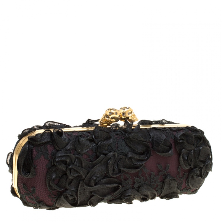 Pre Owned Alexander McQueen Black Lace Skull Crystal Clutch