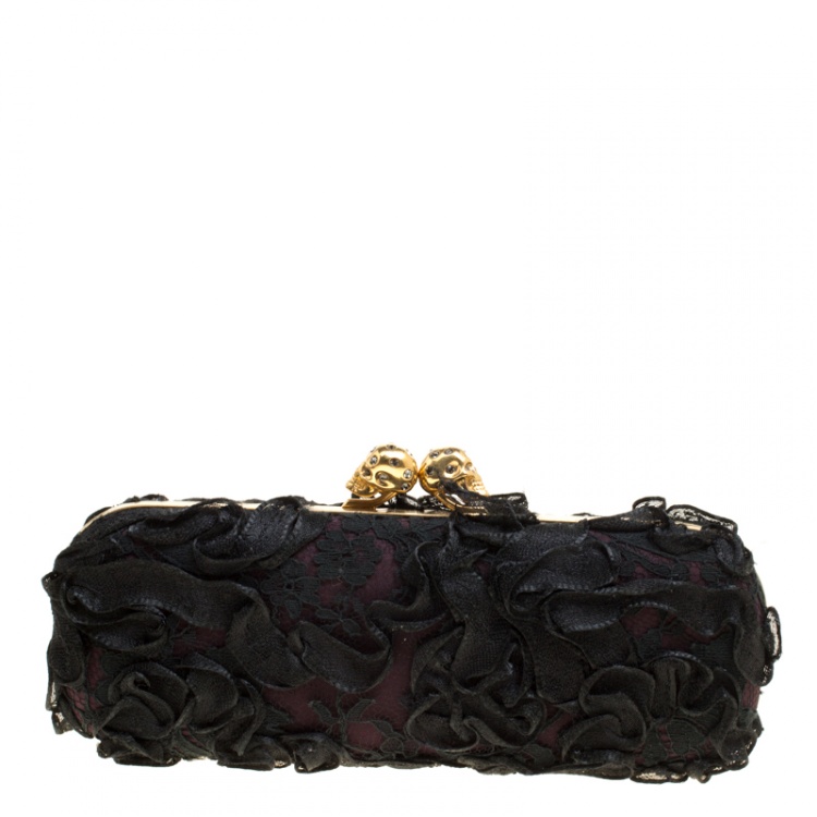 Pre Owned Alexander McQueen Black Lace Skull Crystal Clutch