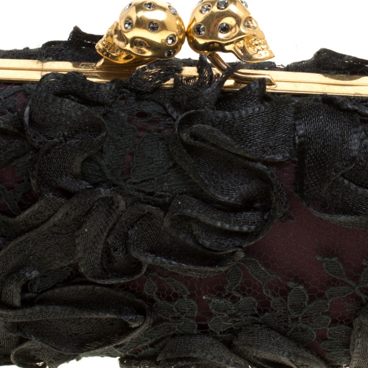 Pre Owned Alexander McQueen Black Lace Skull Crystal Clutch