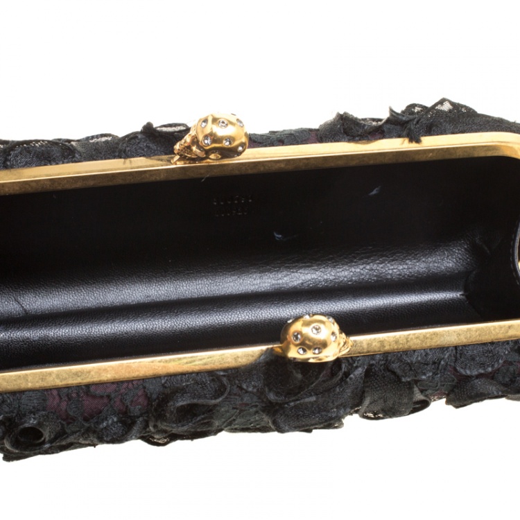 Pre Owned Alexander McQueen Black Lace Skull Crystal Clutch