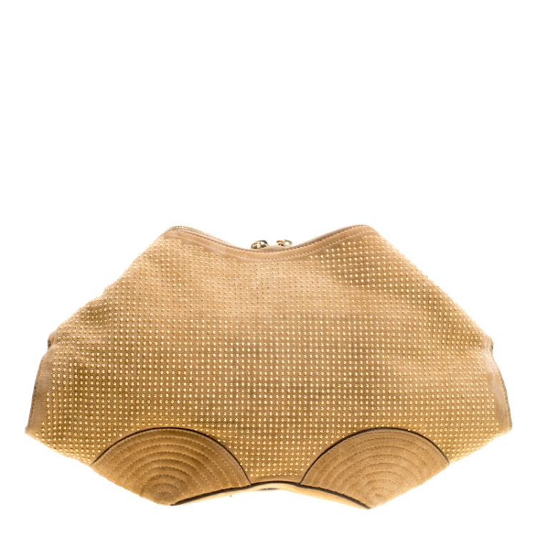 Pre Owned Alexander McQueen Light Brown Suede Medium Studded De Manta Clutch