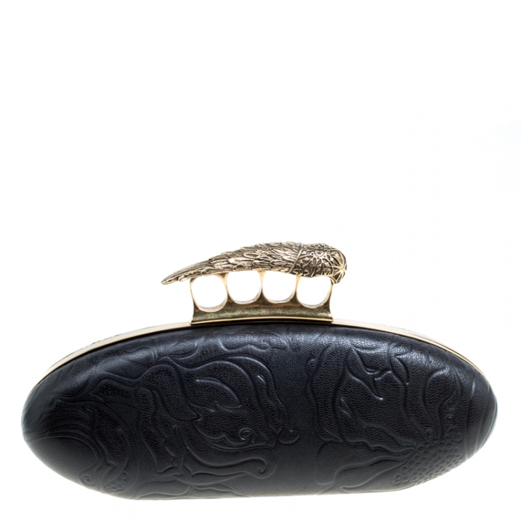 مملوكة مسبقًا Alexander McQueen Black Leather Hell's Knuckle Duster Skull Box Clutch