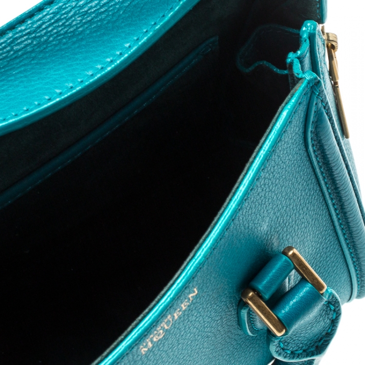 Pre Owned Alexander McQueen Teal Leather Mini Heroine Top Handle Shoulder Bag