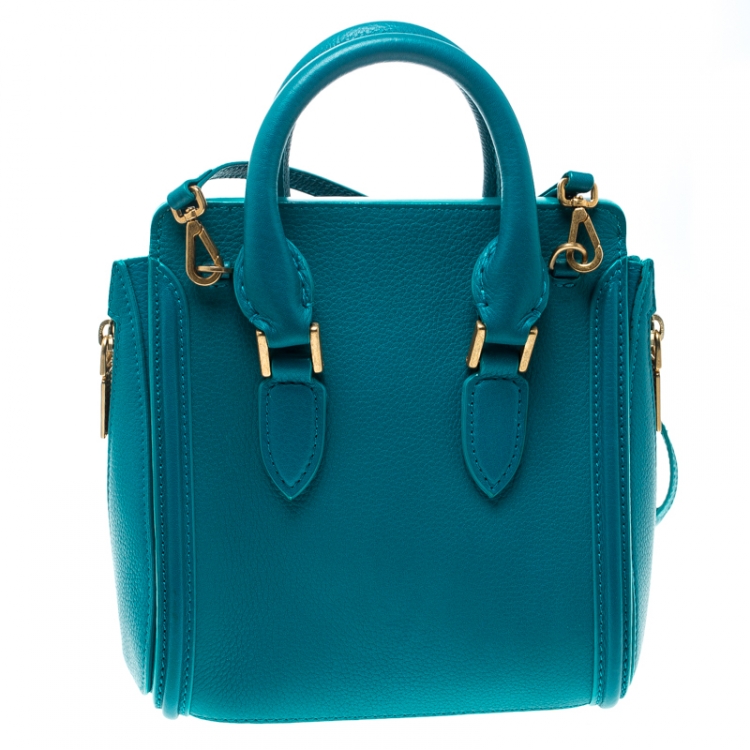 Pre Owned Alexander McQueen Teal Leather Mini Heroine Top Handle Shoulder Bag