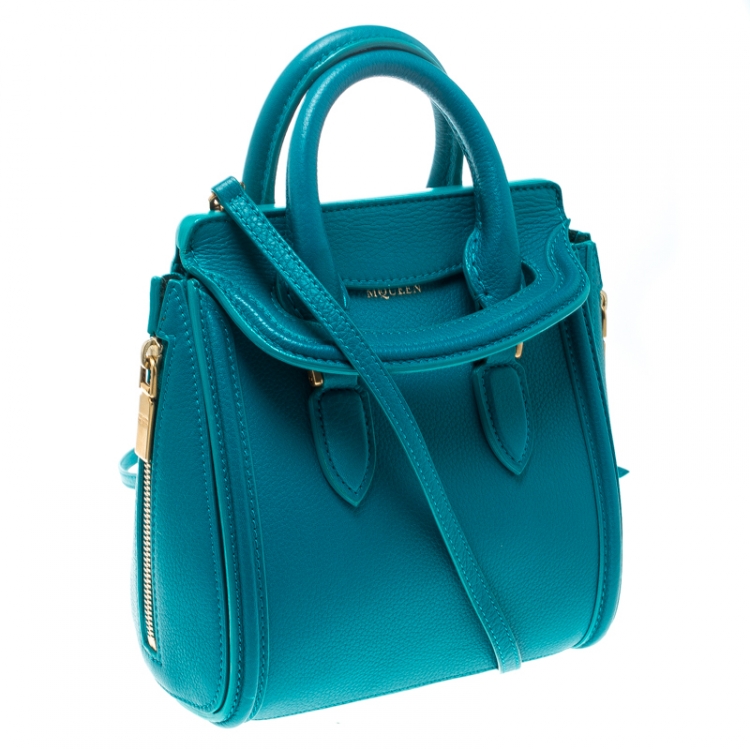 Pre Owned Alexander McQueen Teal Leather Mini Heroine Top Handle Shoulder Bag