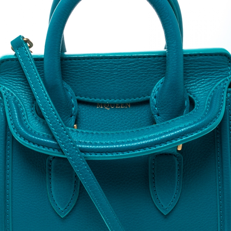Pre Owned Alexander McQueen Teal Leather Mini Heroine Top Handle Shoulder Bag