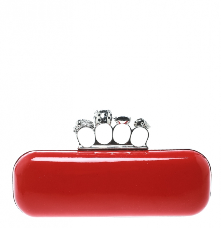 Pre Owned Alexander McQueen Red Patent Leather Skull Knuckle Clutch