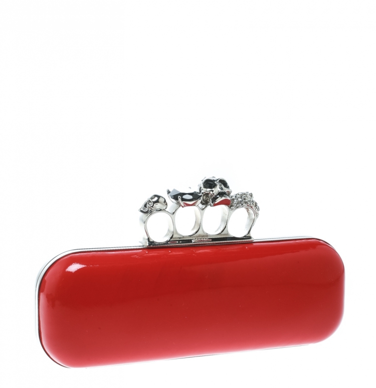 Pre Owned Alexander McQueen Red Patent Leather Skull Knuckle Clutch