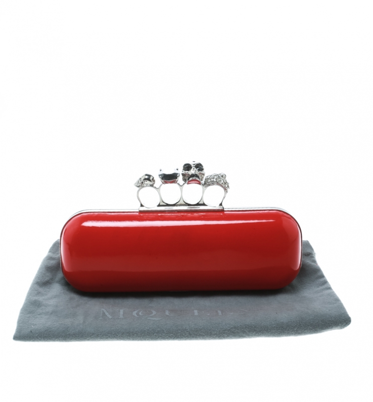 Pre Owned Alexander McQueen Red Patent Leather Skull Knuckle Clutch