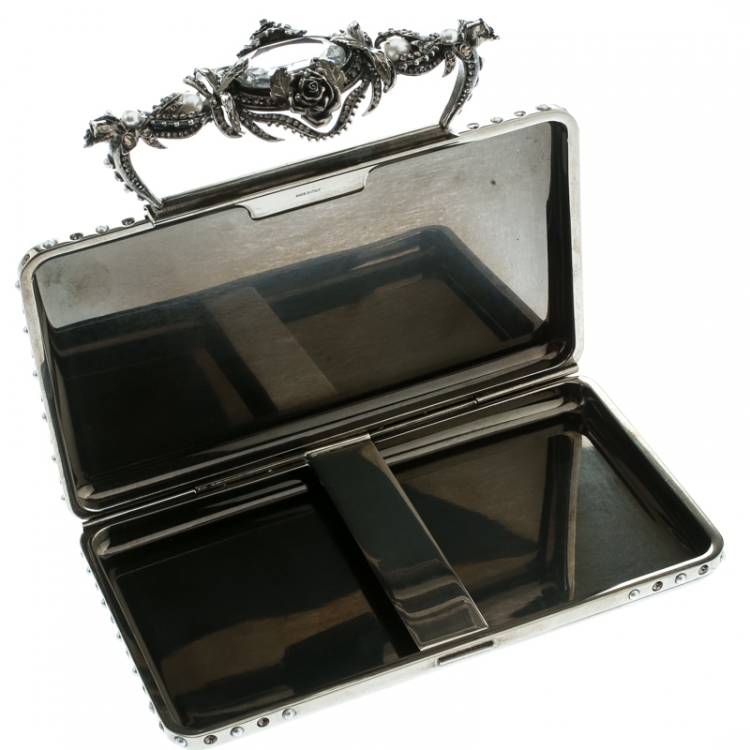 Pre Owned Alexander McQueen Silver Metal Small Ottone Jewelled Clutch