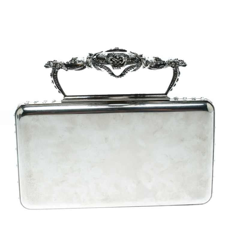 Pre Owned Alexander McQueen Silver Metal Small Ottone Jewelled Clutch