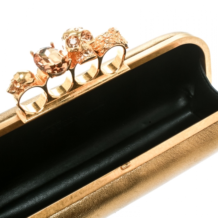 Pre Owned Alexander McQueen Gold Leather Skull Knuckle Box Clutch