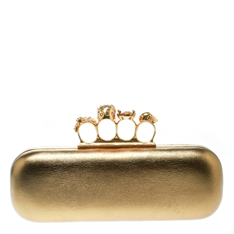 Pre Owned Alexander McQueen Gold Leather Skull Knuckle Box Clutch