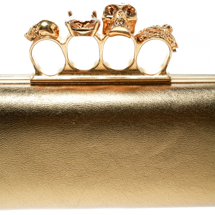 Pre Owned Alexander McQueen Gold Leather Skull Knuckle Box Clutch