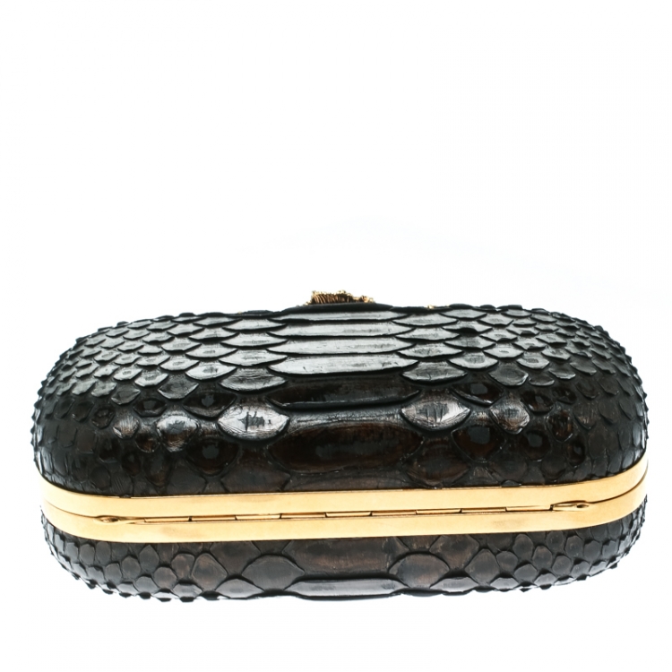 Pre Owned Alexander McQueen Dark Brown Python Flower Skull Box Clutch