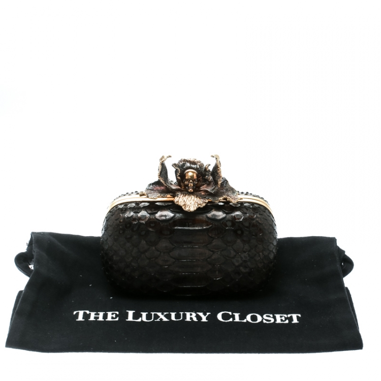 Pre Owned Alexander McQueen Dark Brown Python Flower Skull Box Clutch