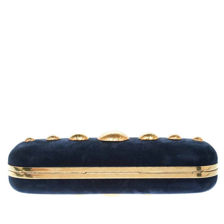 Pre Owned Alexander McQueen Navy Blue Leather Skull Knuckle Box Clutch