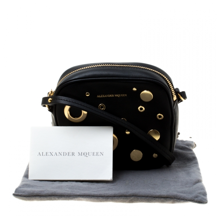Pre Owned Alexander McQueen Black Leather Eyelet and Stud Camera Crossbody Bag