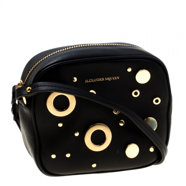 Pre Owned Alexander McQueen Black Leather Eyelet and Stud Camera Crossbody Bag