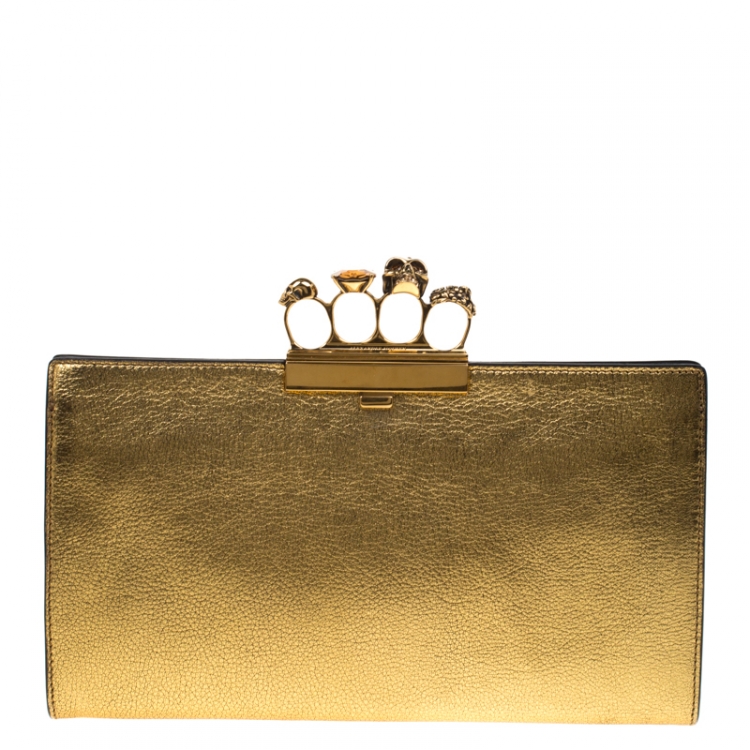 Alexander McQUEEN クラッチバッグ (ゴールド) Alexander McQueen Gold Metallic Leather Crystal Skull Box