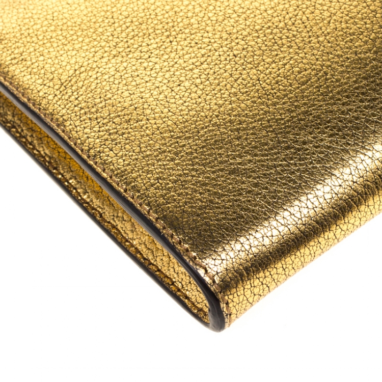 Pre Owned Alexander McQueen Gold Leather Skull Knuckle Flat Clutch