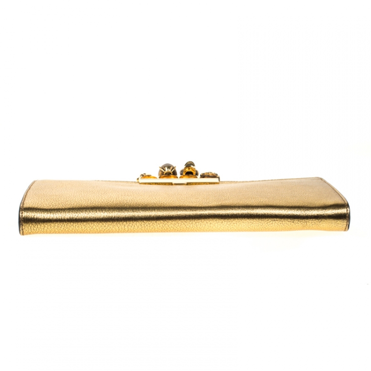 Pre Owned Alexander McQueen Gold Leather Skull Knuckle Flat Clutch