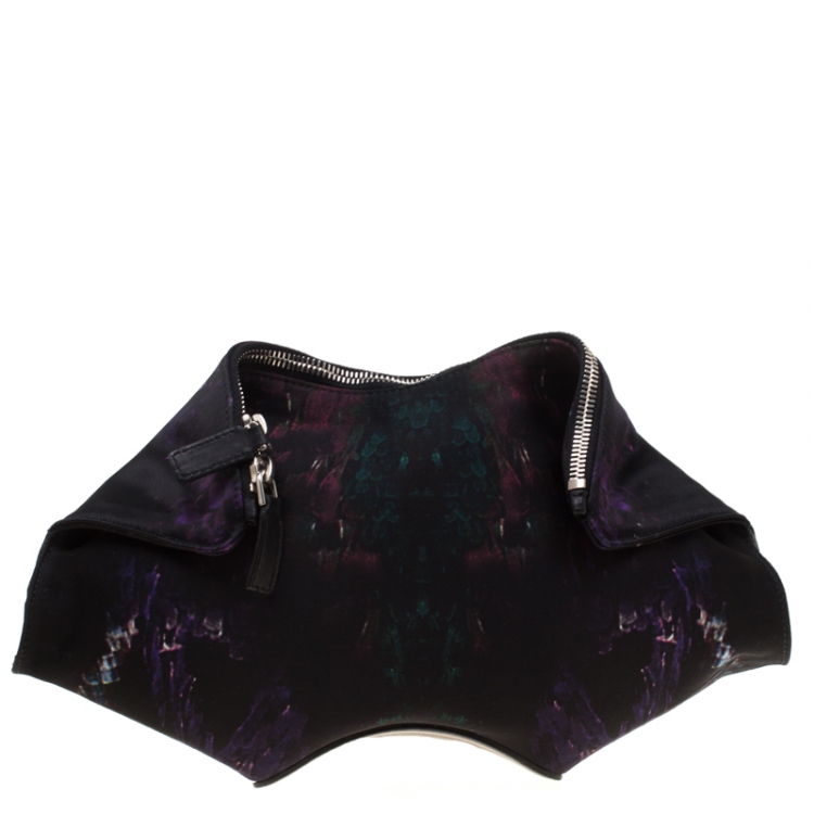 Pre Owned Alexander McQueen Black Printed Satin Small De Manta Clutch