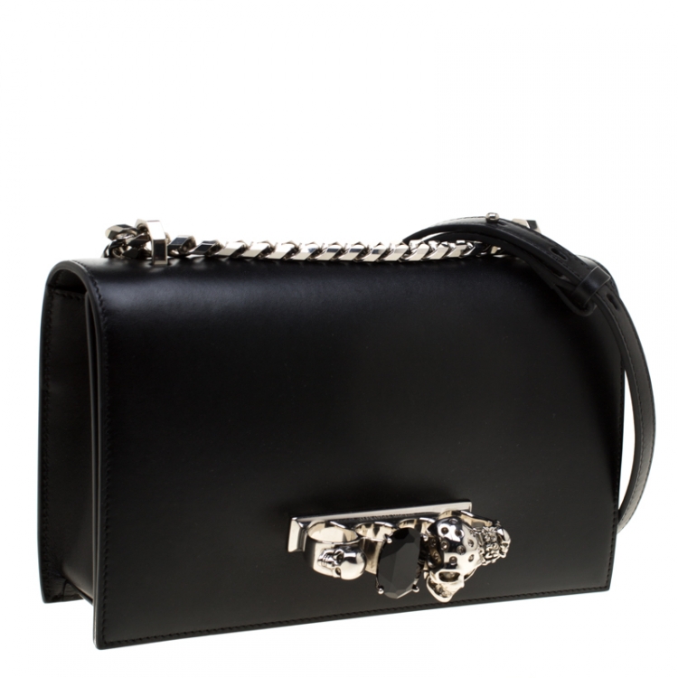 Pre Owned Alexander McQueen Black Leather Jeweled Shoulder Bag