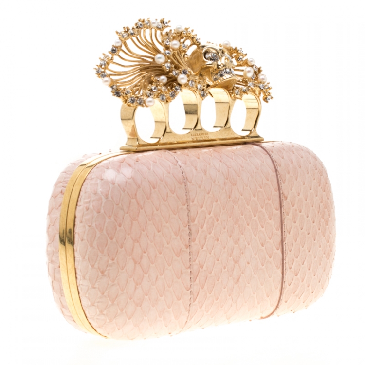 Pre Owned Alexander McQueen Peach Python Crystal Skull Clutch