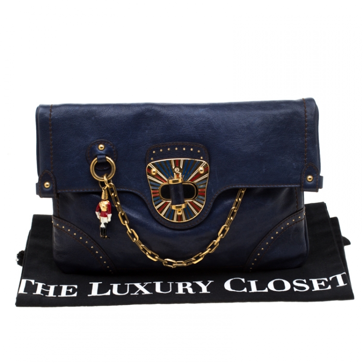 Pre Owned Alexander McQueen Navy Blue Flappy Leather Clutch