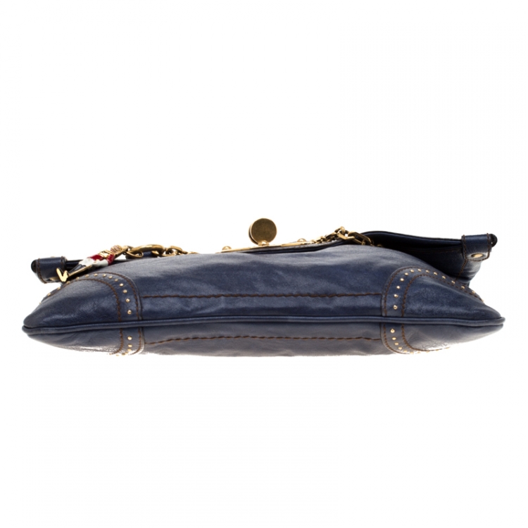 Pre Owned Alexander McQueen Navy Blue Flappy Leather Clutch