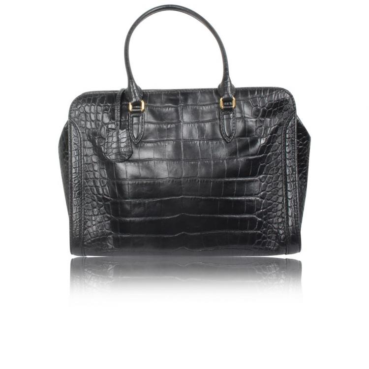 Pre Owned Alexander McQueen Black Croc-Effect Leather Tote Bag
