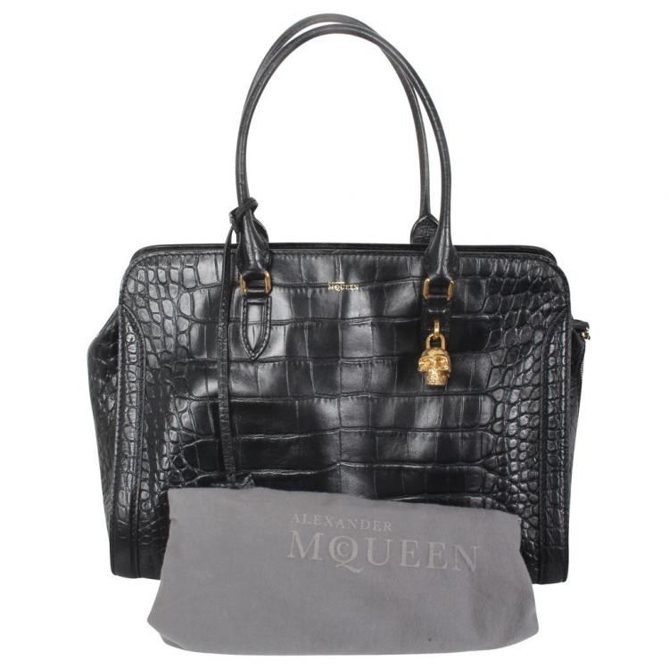 Pre Owned Alexander McQueen Black Croc-Effect Leather Tote Bag