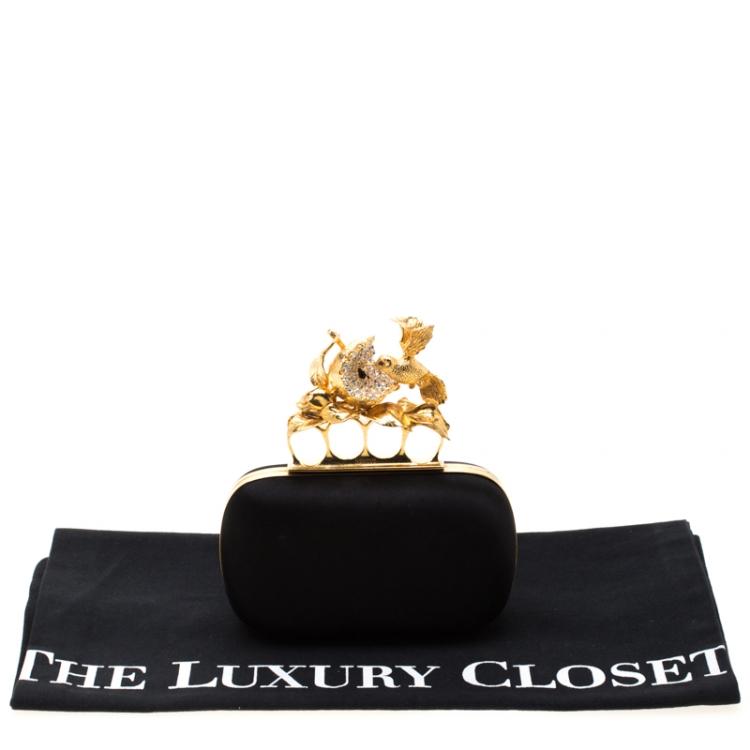 Pre Owned Alexander McQueen Black Satin Bird And Apple Knuckle Clutch