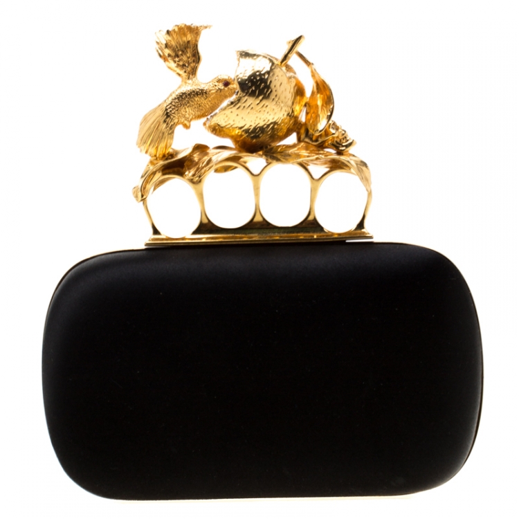 Pre Owned Alexander McQueen Black Satin Bird And Apple Knuckle Clutch